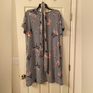 LuLaRoe Blue and Pink Striped Floral Midi Dress